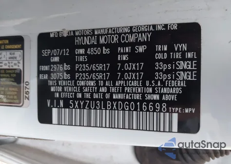 2013 Hyundai Santa Fe Sport from USA, damaged, VIN 5XYZU3LBXDG016698